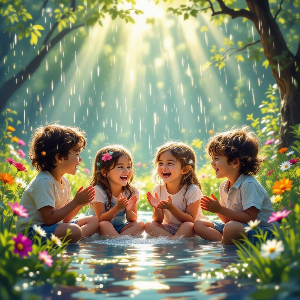 Children Laughing in Sun-Dappled Spring Rain