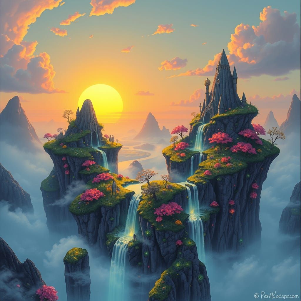 Ethereal Floating Islands Under Double Sunset