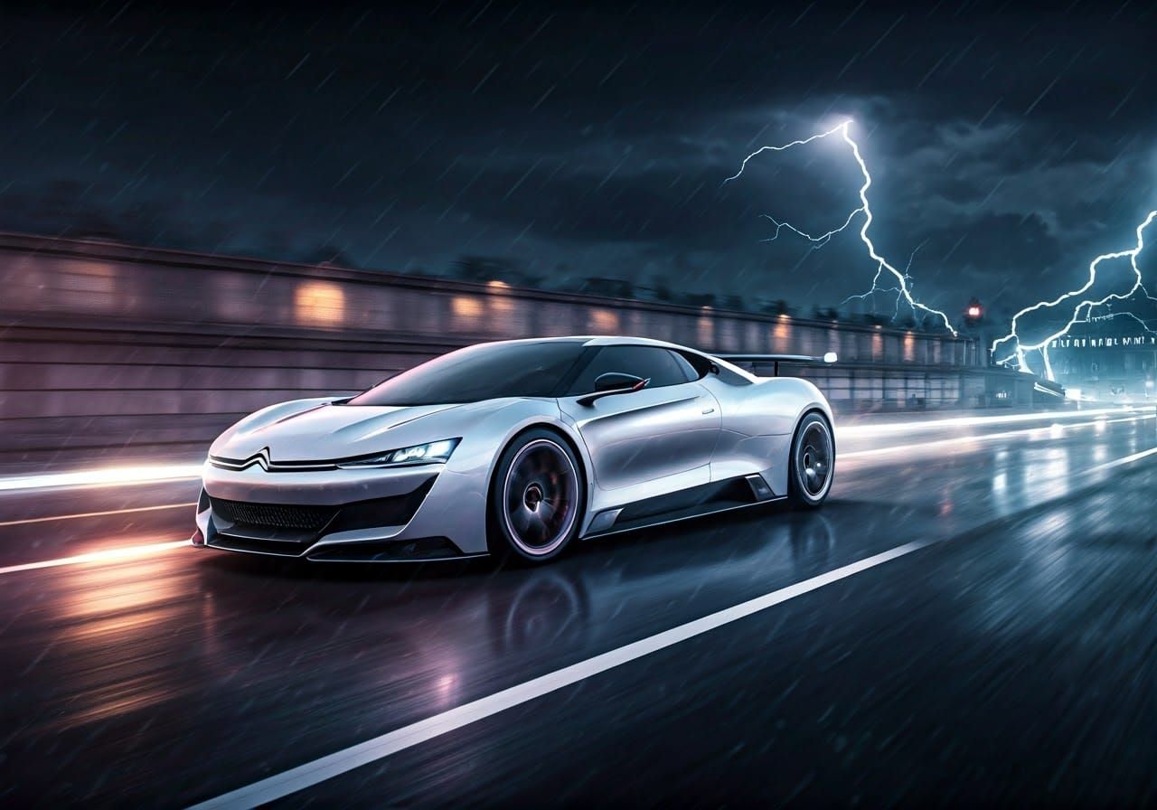 Luxury Hypercar Speeds Down Avenue Illuminated by Lightning