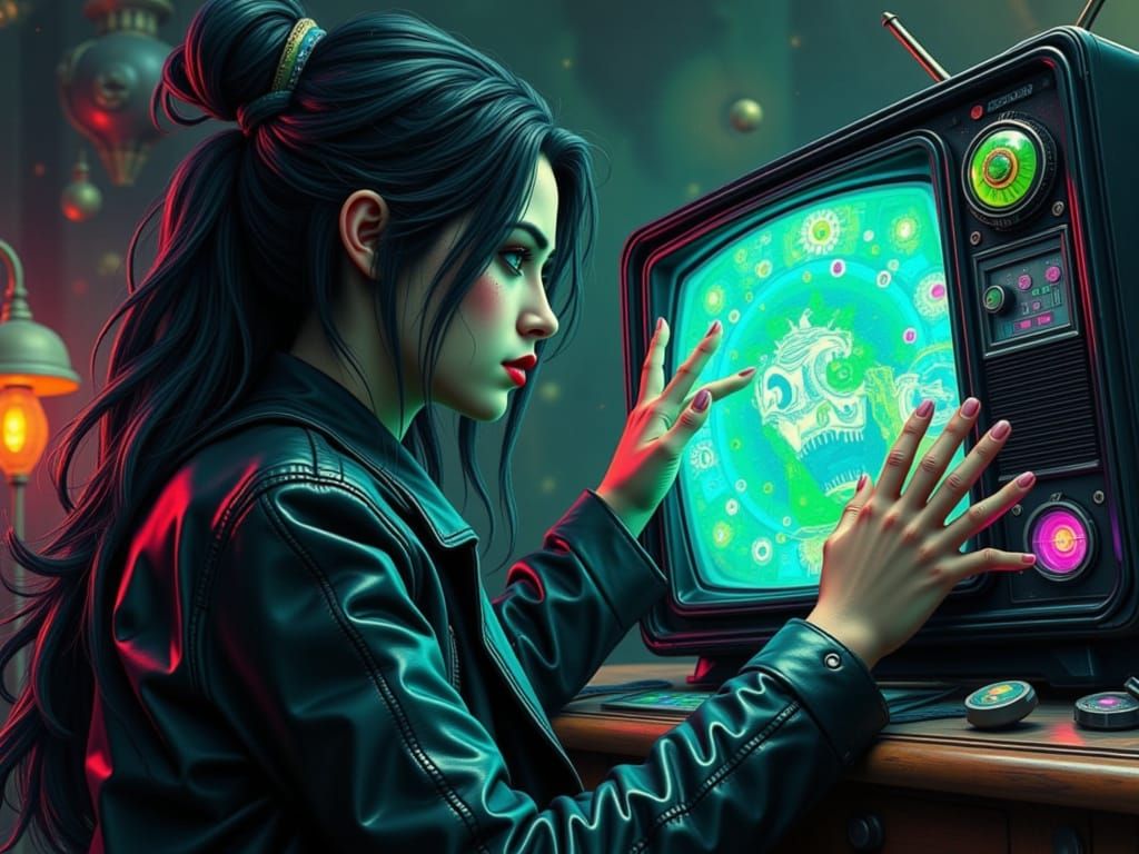 Girl Reaching From Glitch Punk TV Screen