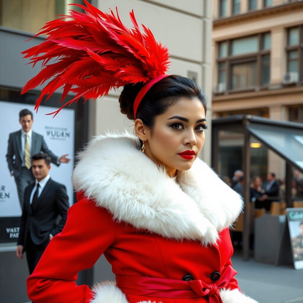 Elegant Woman in Red Coat, City Backdrop