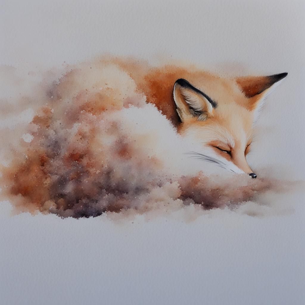 A sleeping fox , no font, white background watercolour, wet brush