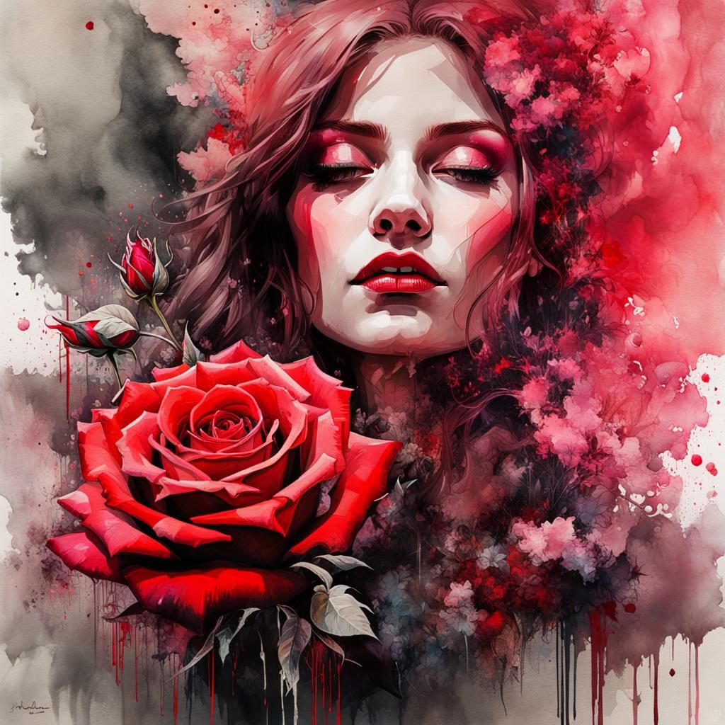 Hyperdetailed Red Rose Double Exposure Portrait
