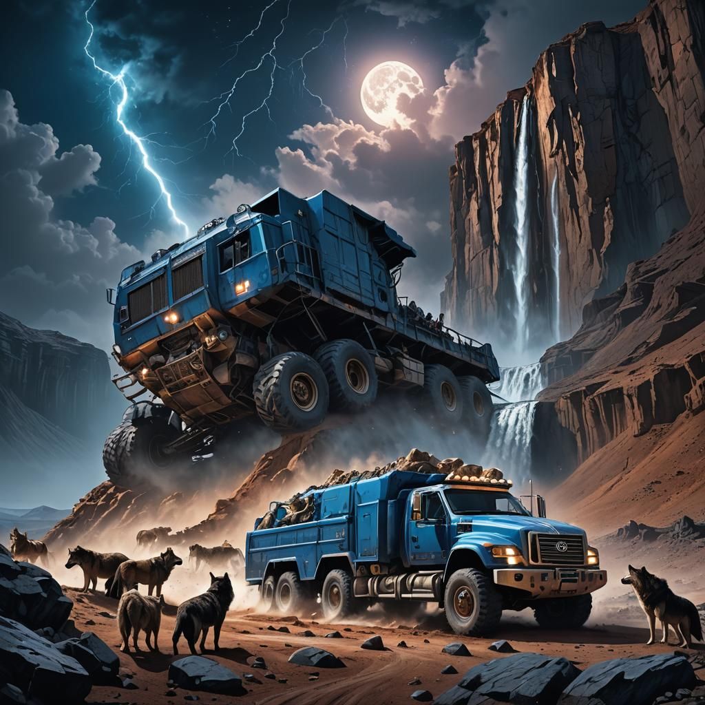 Crashed Truck on Barren Moon with Wolves, Fantasy Illustrati...