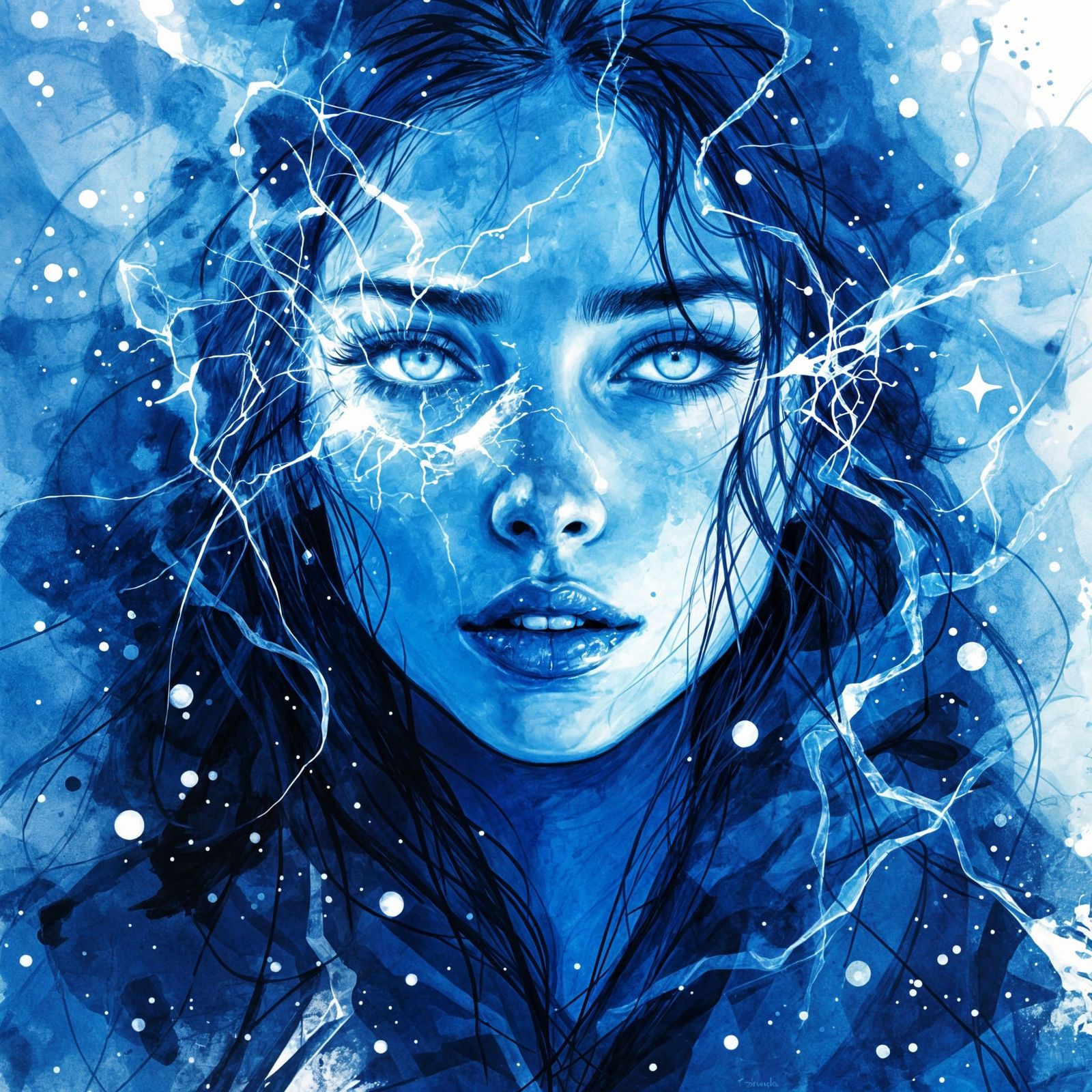 Young Wizardess Surrounded by Blue-White Light