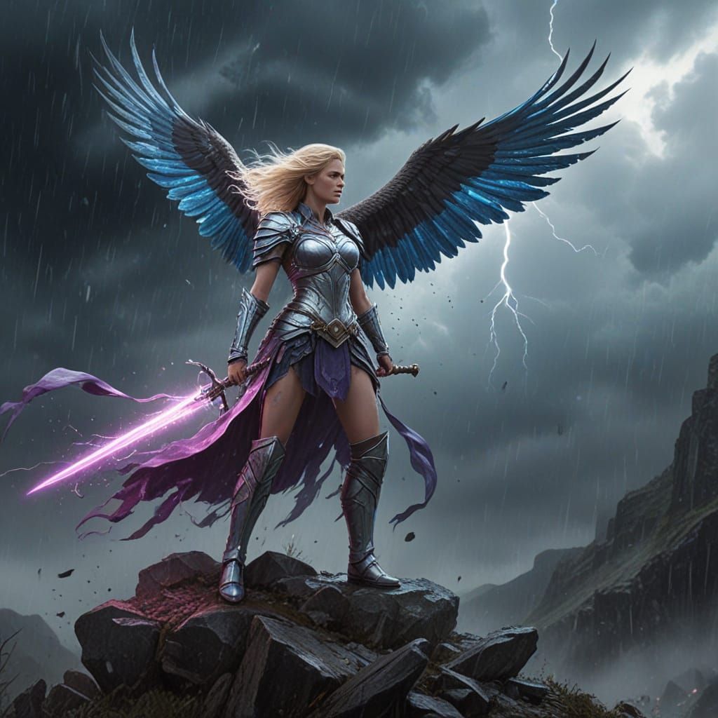 Female Warrior Summons Storm in Watercolor Fantasy Painting