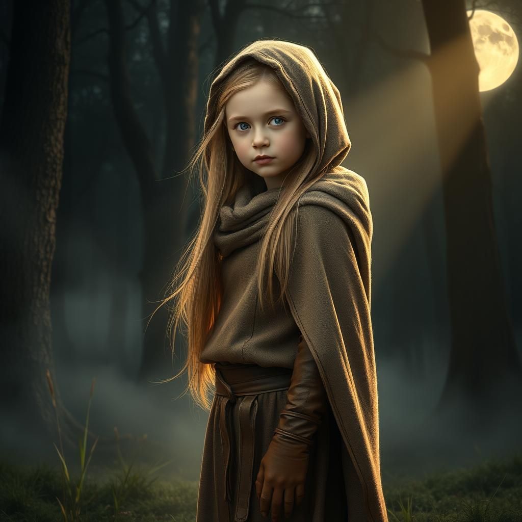 Mystical Girl in Moonlit Forest Clearing