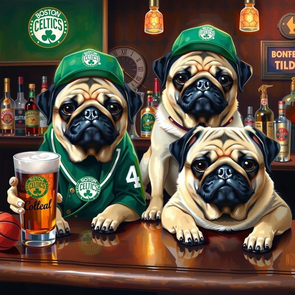 Glamorous Pug Cheers on Boston Celtics in Art Deco Elegance