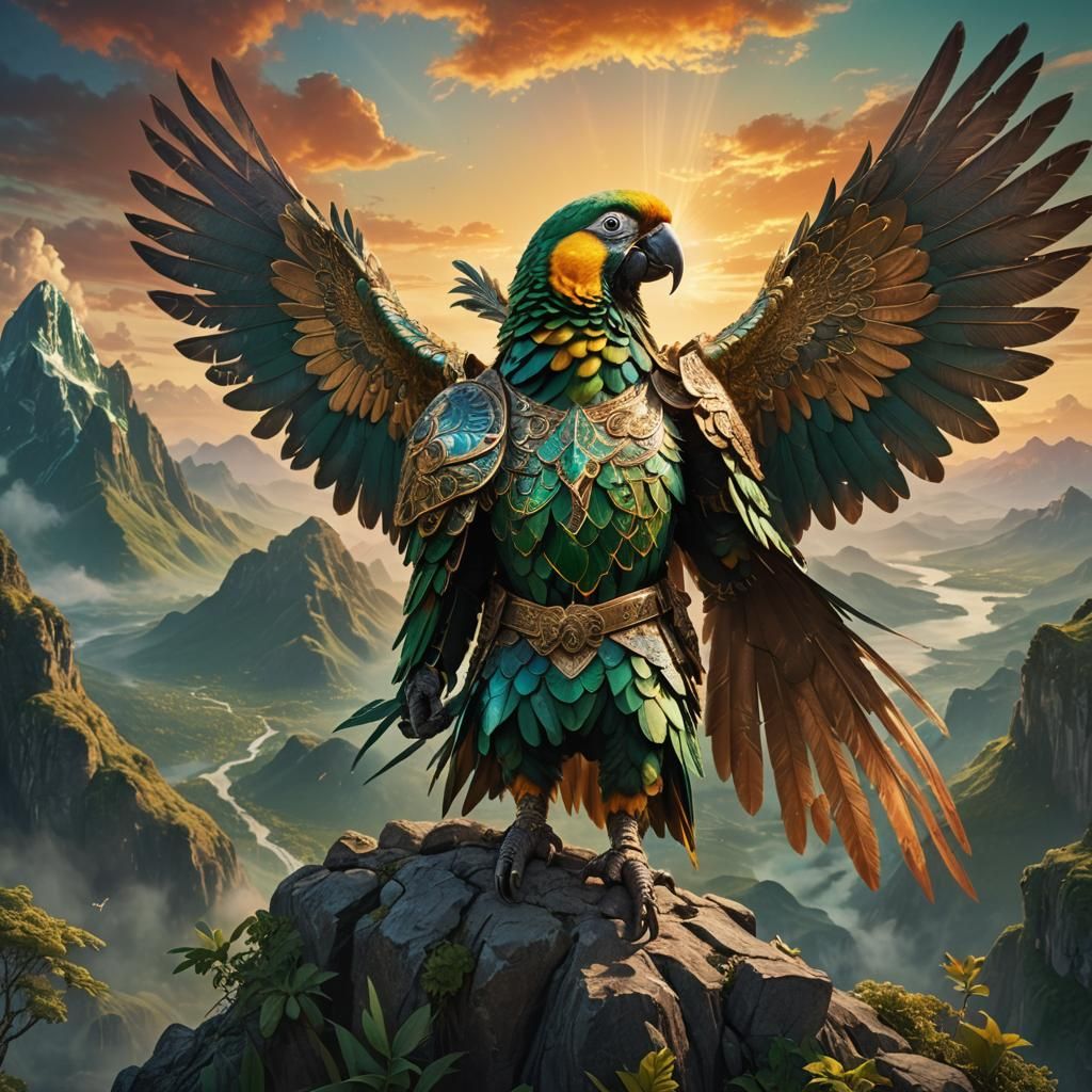 Parrot Warrior in Ornate, Emerald-Hued Armor on a Mystic Mou...