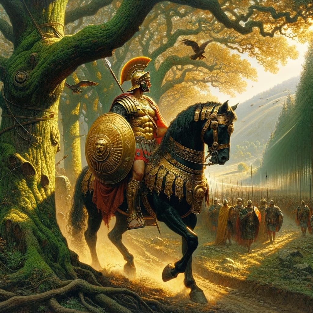 Roman Legionary in Golden Armor Rides Horse Through Teutobur...