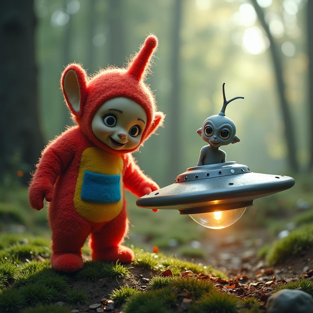 Terrified Tellytubby and Looming Alien in Painterly Cartoon