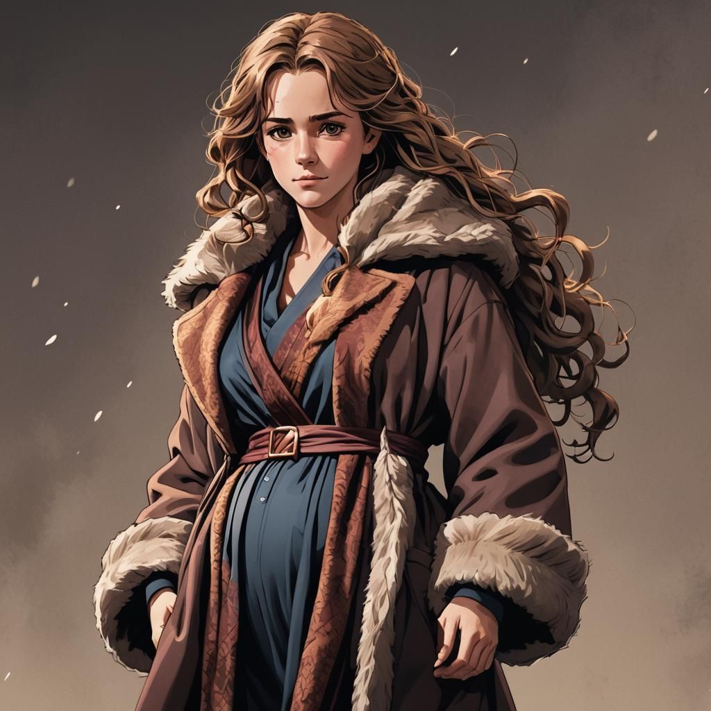 Pregnant Woman in Fur Robe, Anime Style