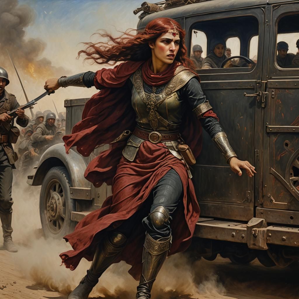 Arab Warrior Woman in Battle, Photorealistic Painting
