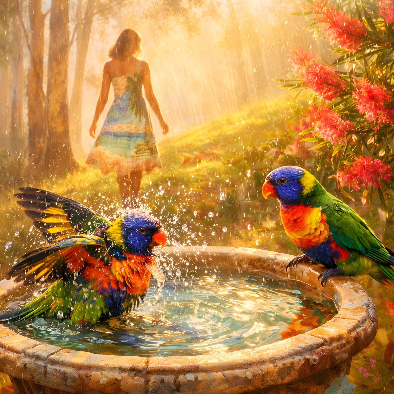 Woman and Lorikeets in a Dreamlike Sun Shower