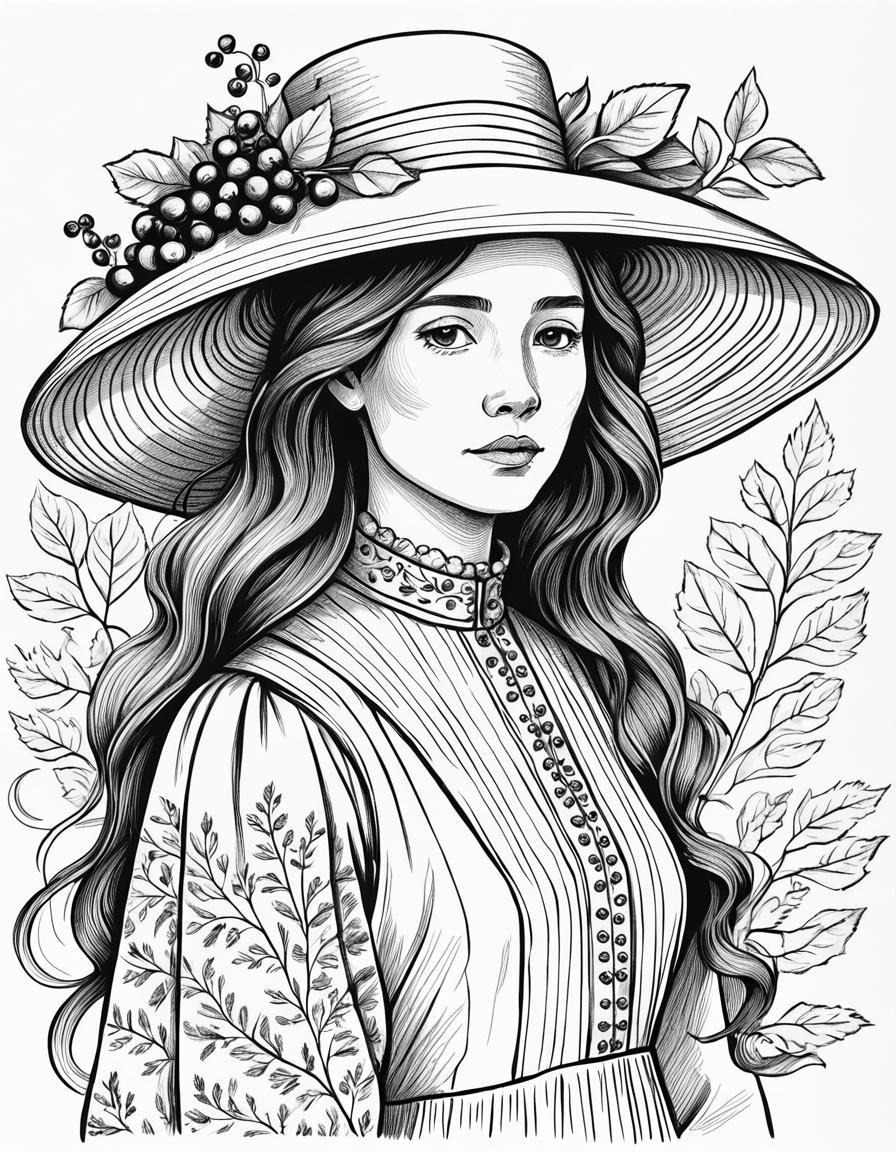 Line Drawing of Woman with Hat and Branch