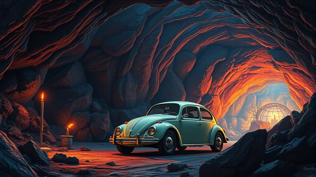 Retro-Futuristic VW Beetle Discovery in a Mystical Cave