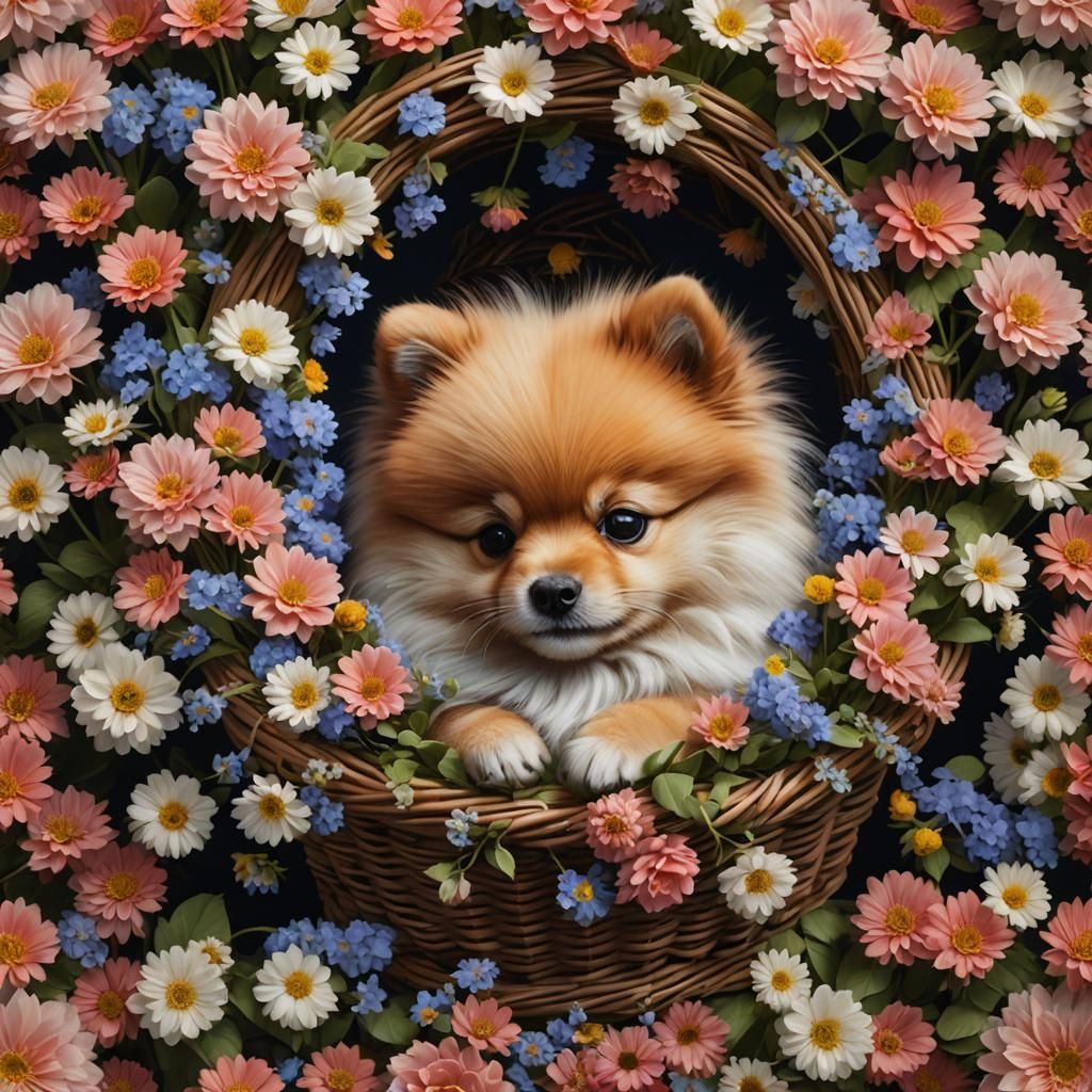 Sleeping Pomeranian Puppy in Floral Basket: Detailed Matte P...