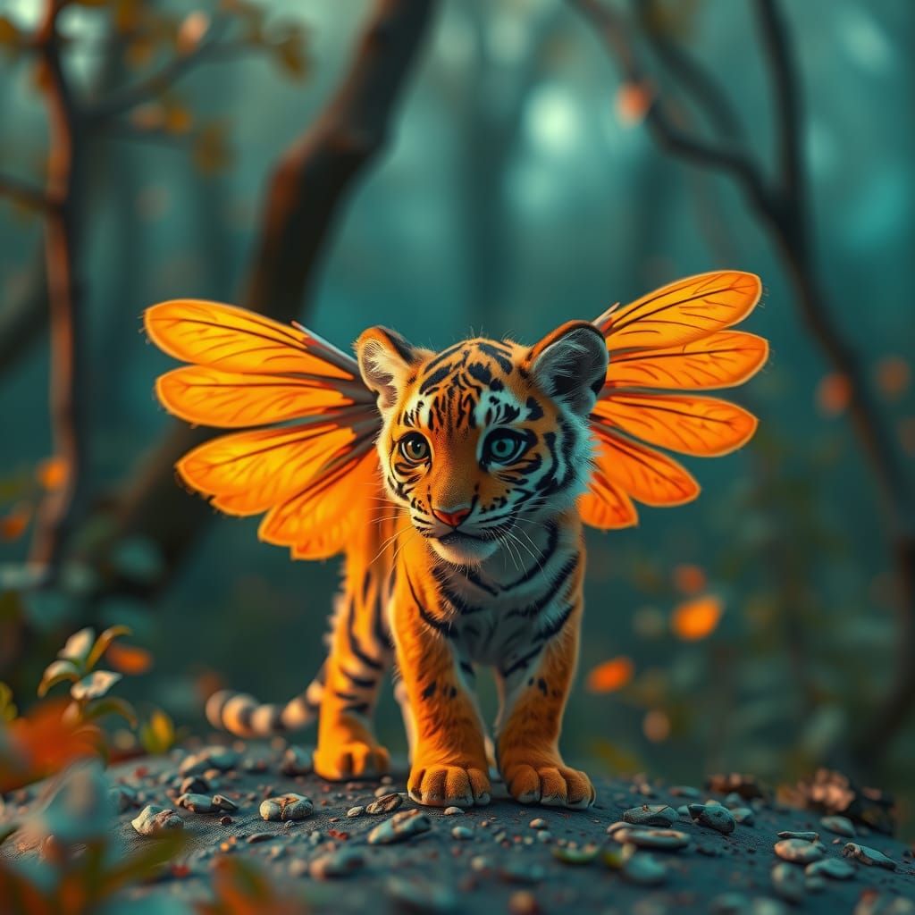 Miniature Winged Tiger in Enchanted Forest