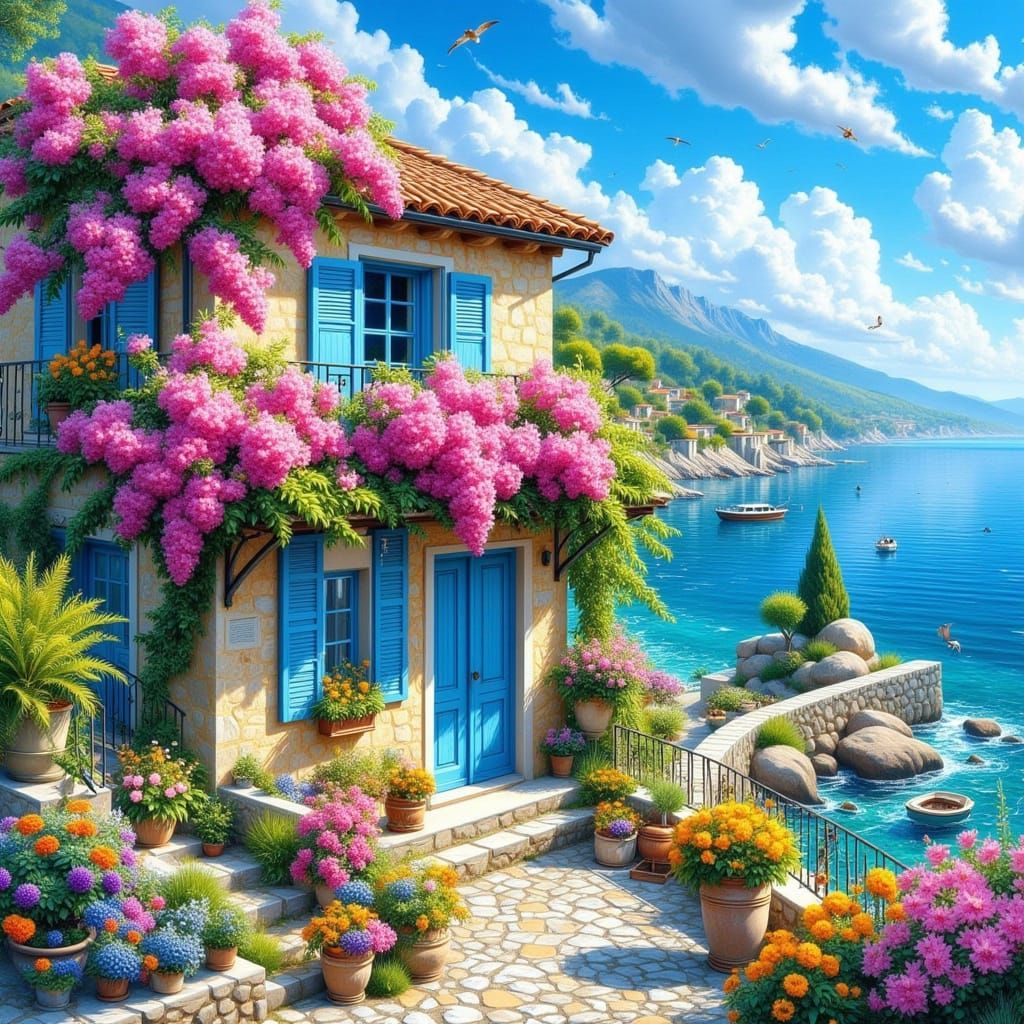 Charming Seaside House Covered in Vibrant Flowers