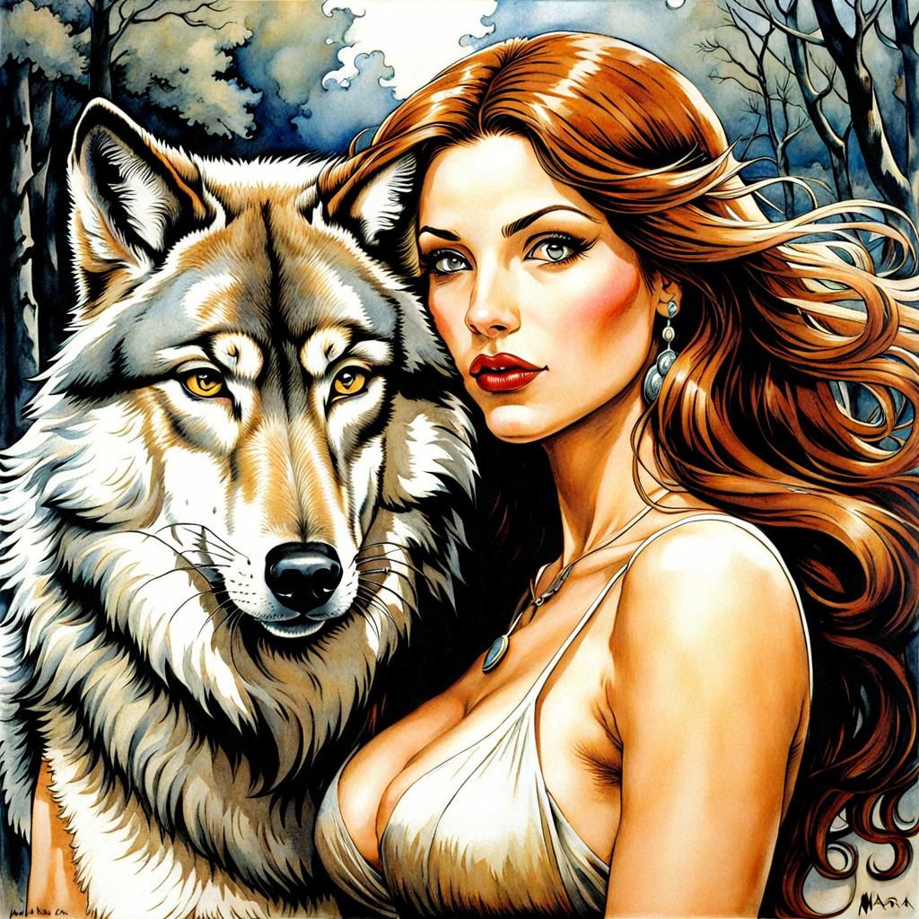 Woman and Wolf in Comic Art Style