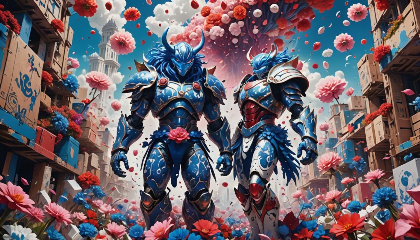 Giant Warrior in Floral Dreamscape: Surreal Digital Art