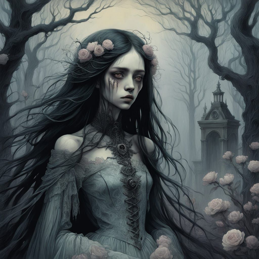 Ethereal Gothic Goddess in Mournful Pastel Hues