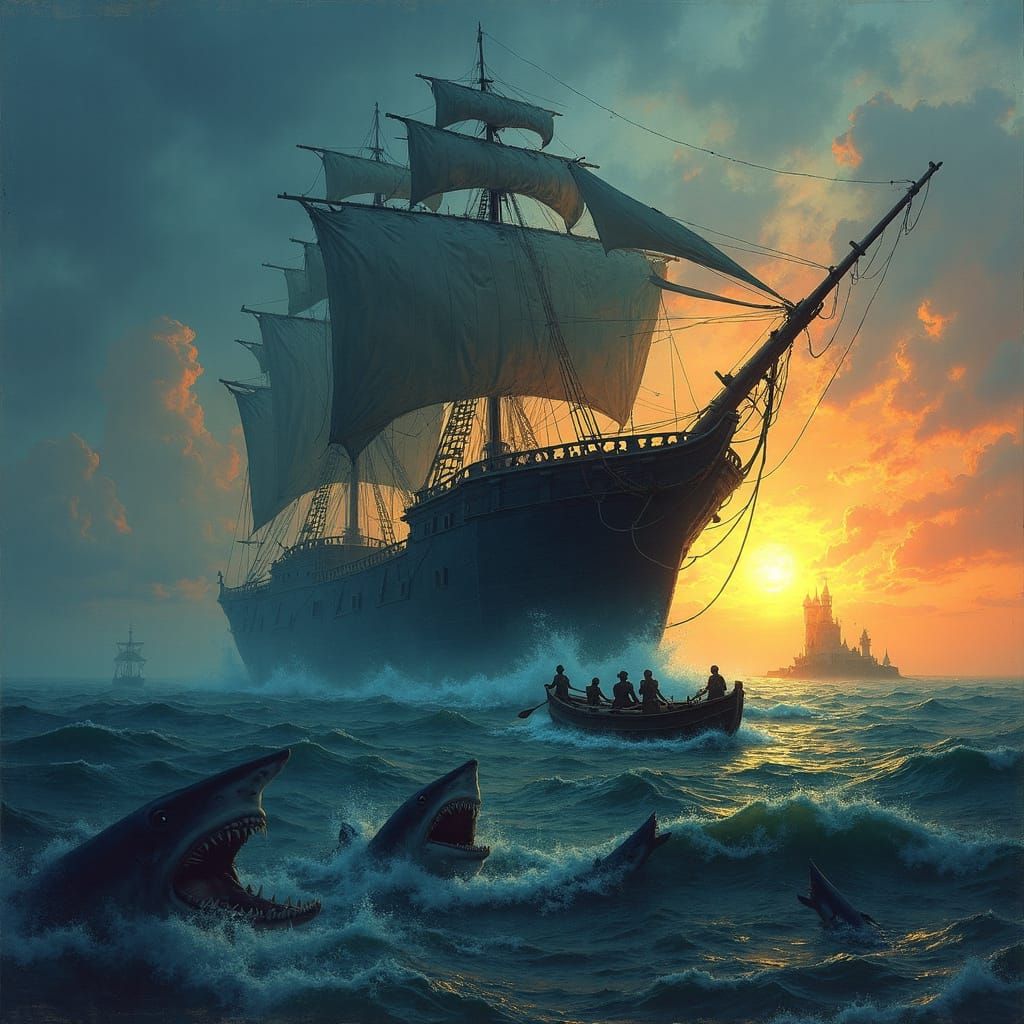 Spectral Flying Dutchman Ship at Sunset with Sharks