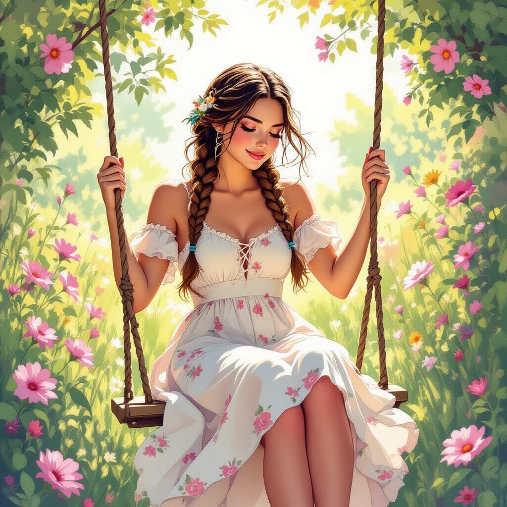 German Lady Swinging in Flower Garden