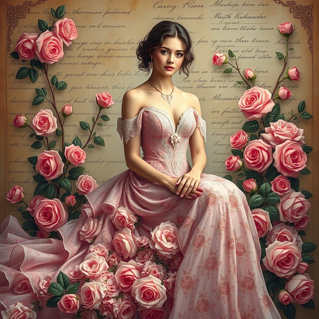 Woman in Exquisite Floral Gown, Seated in Lush Paradise