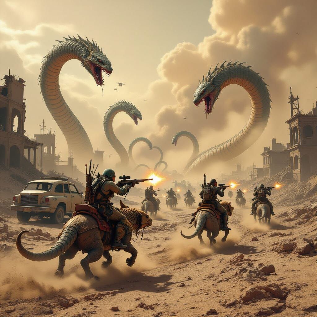 Mutant Mongoose Riders Battle Lovecraftian Serpents in Waste...