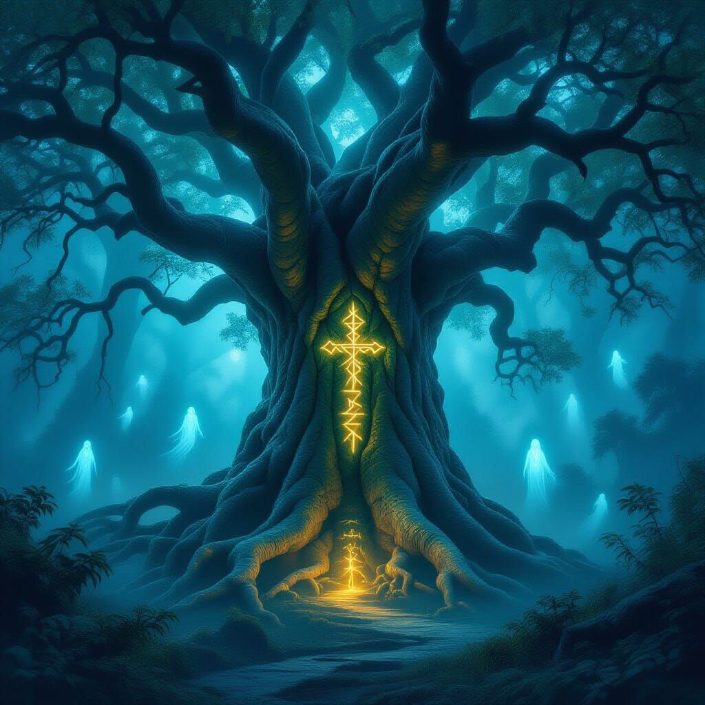 Ancient Glowing Tree in Misty Bioluminescent Forest