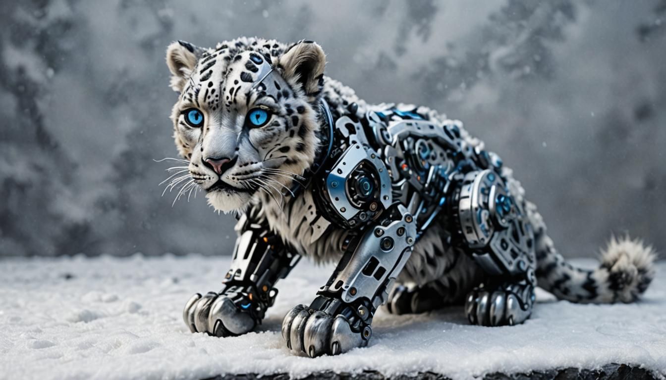 Photorealistic Snow Leopard Cyborg with Blue Eyes