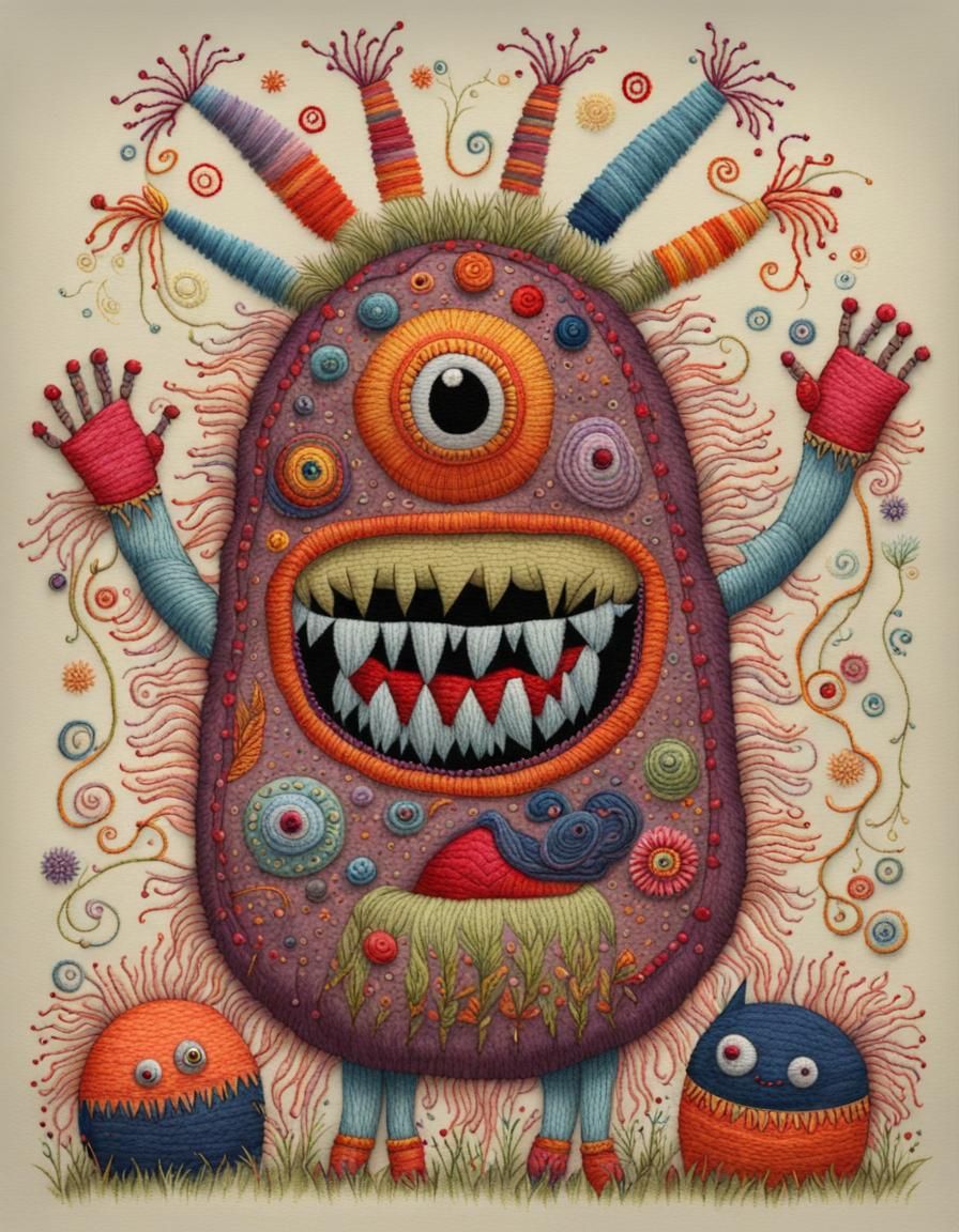Joyful Embroidered Monster: Detailed Colorful Art