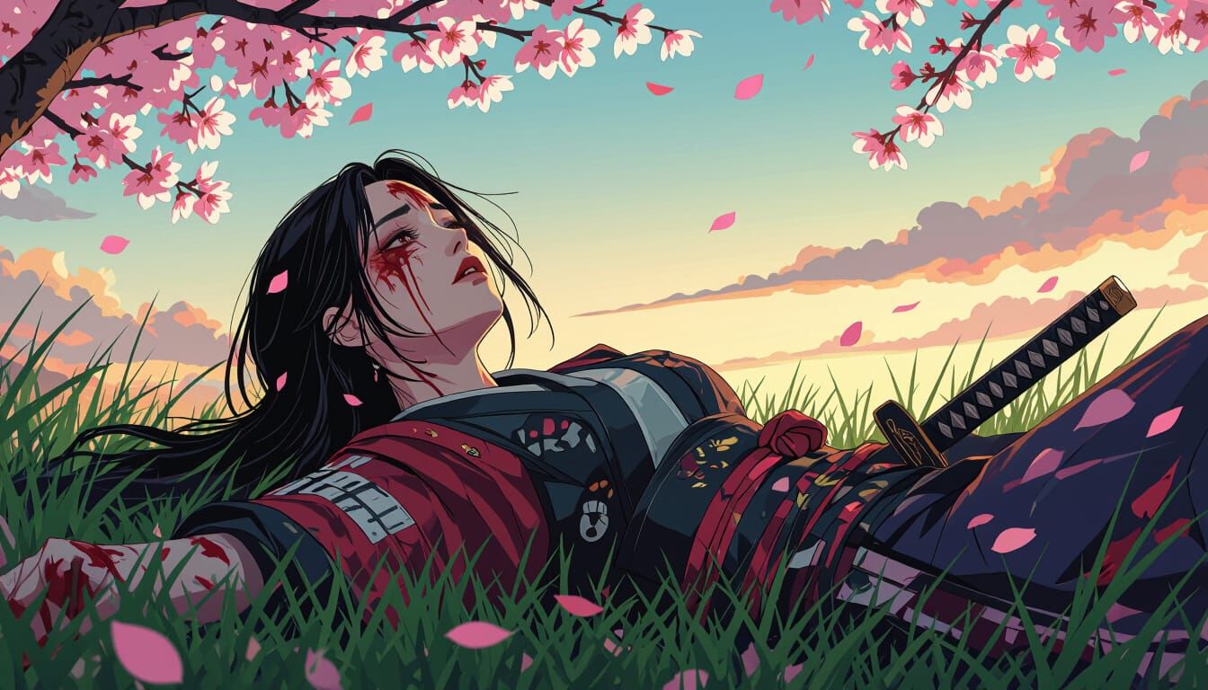 Wounded Samurai Gaze at Dusk Sky