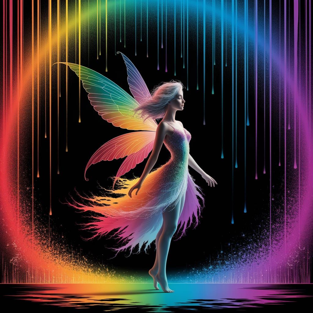 Enchanting Rainbow Fairy in Whimsical Scratch Art Scene
