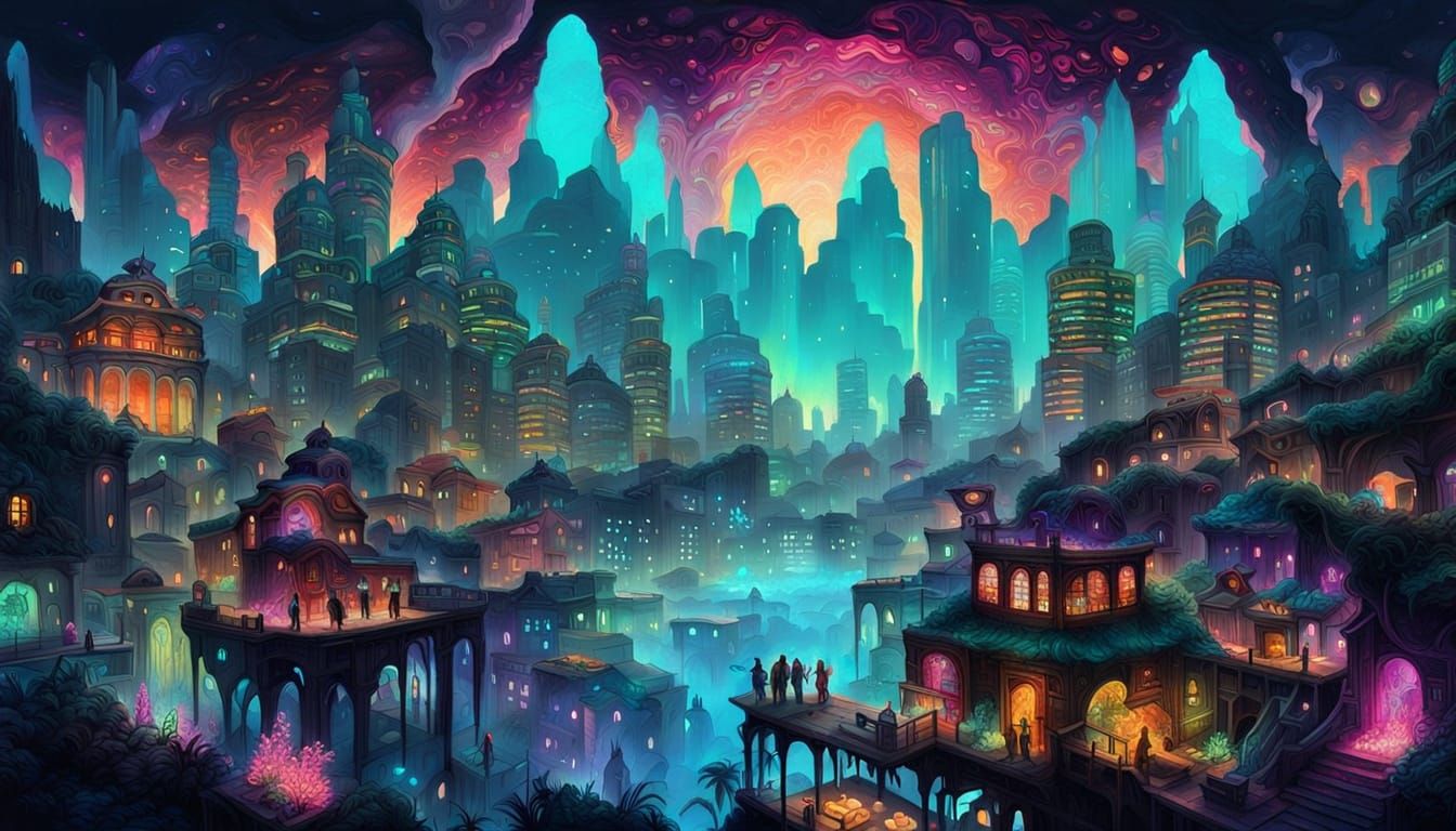 Bioluminescent Cityscape with Hybrid Creatures, Surreal Artw...