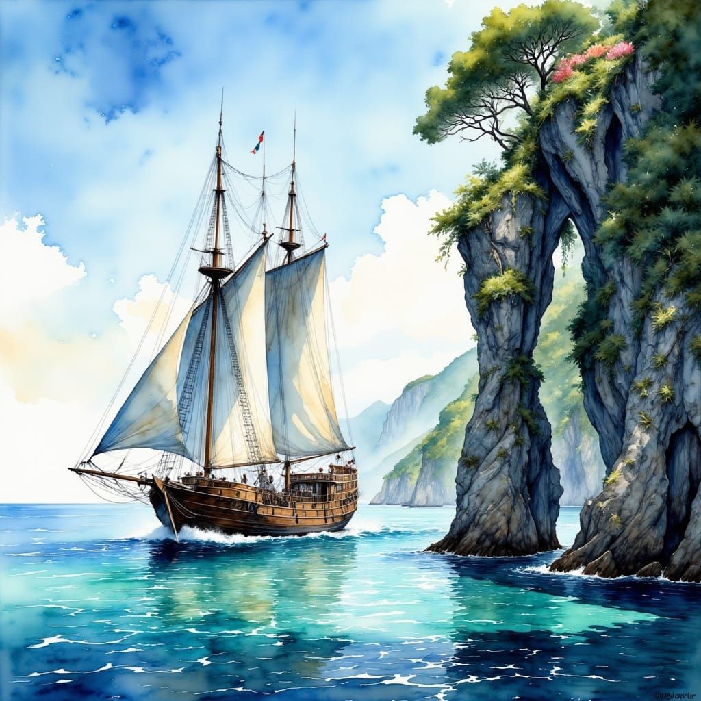 Sailboat in Serene Turquoise Waters, Claude Monet Style