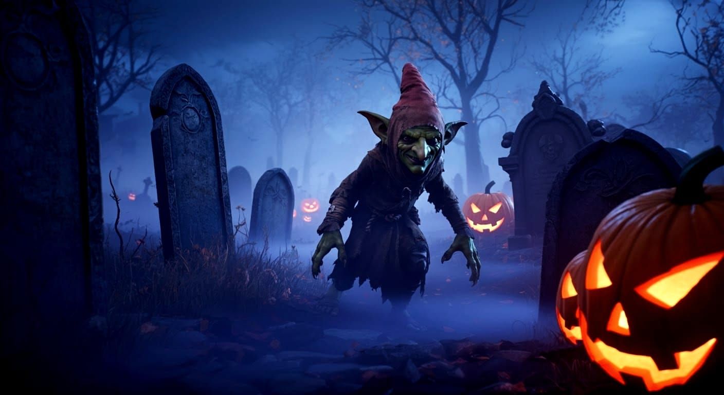 Goblin Tracks Halloween Kids in Graveyard Painting