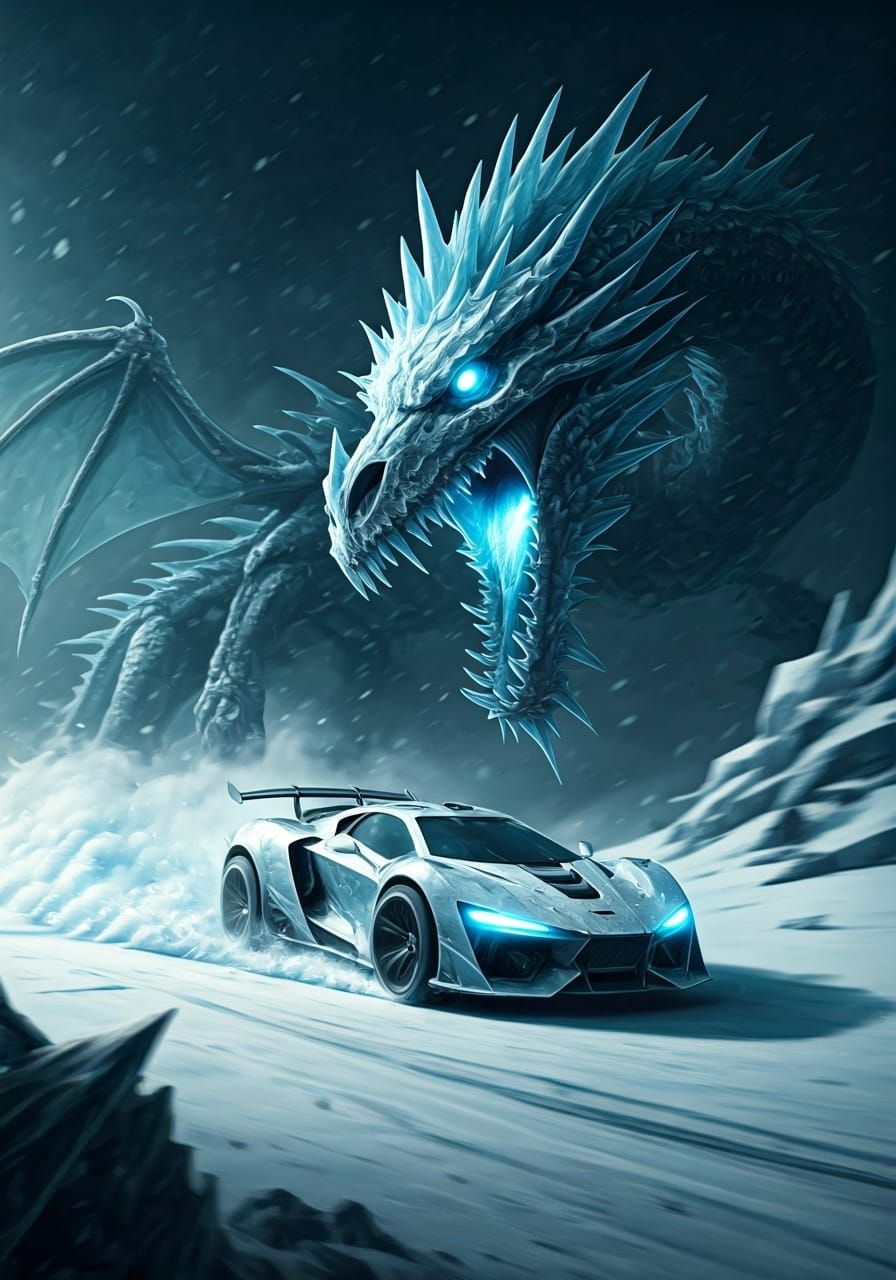 Post-Apocalyptic Ice Hypercar Pursued by Ice Dragon