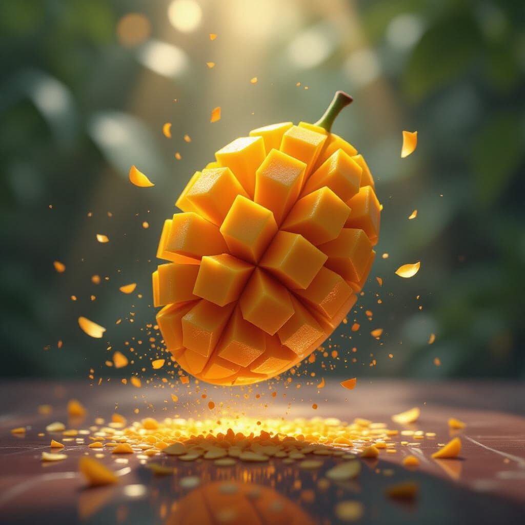 Mango Sliced in Mid-Air, Swirling Golden Fragments