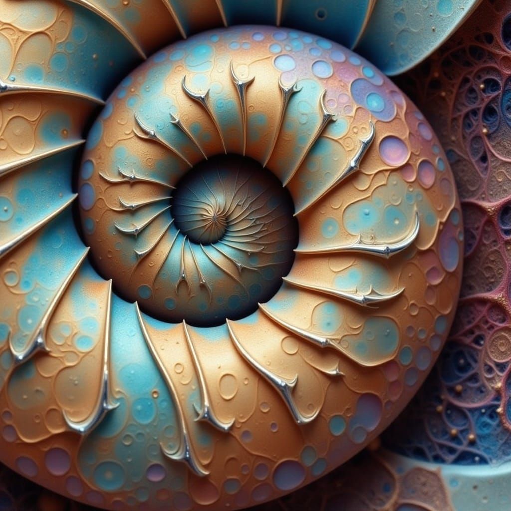 Iridescent Nautilus Shell with Fractal Spiral Pattern