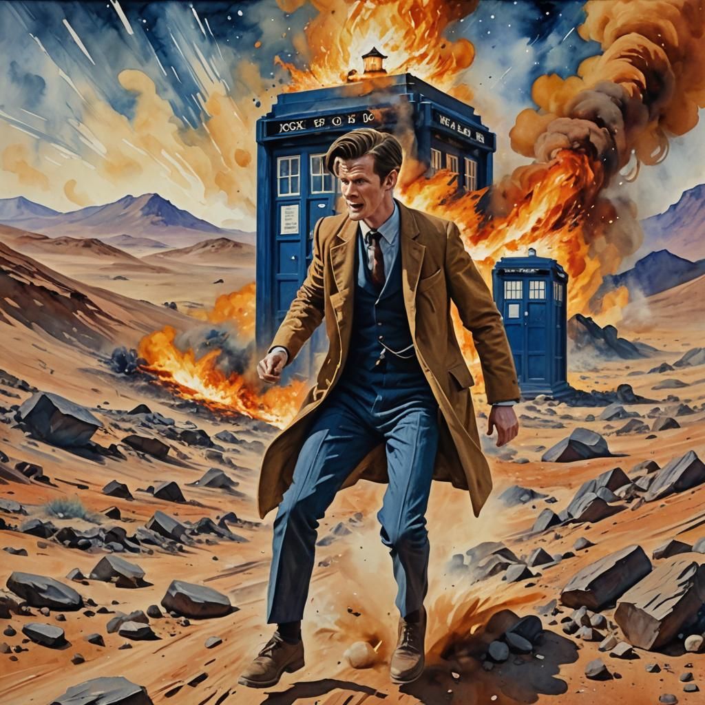 Tardis on Burning Planet: Gouache Impressionist Masterpiece