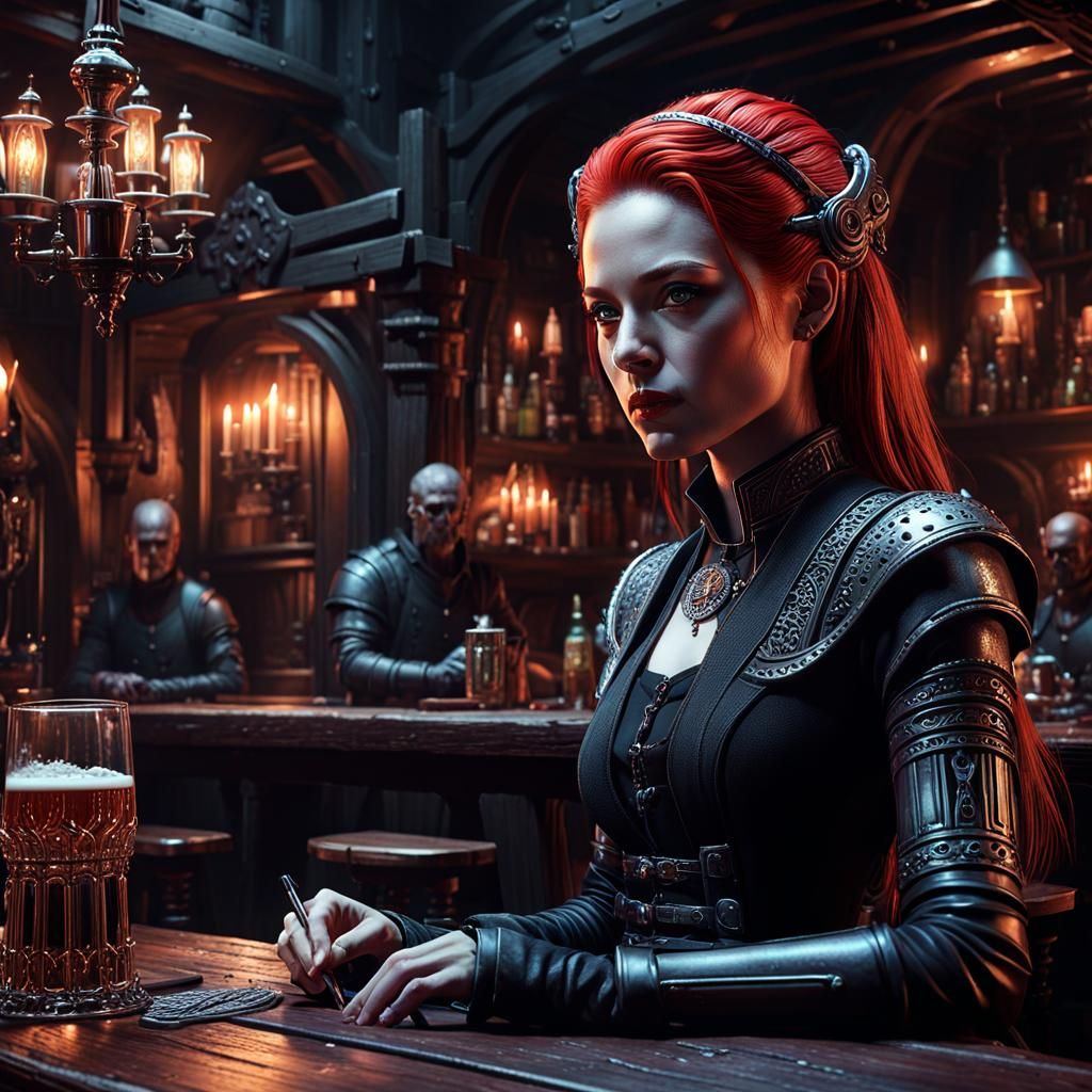 Redhead in Gothic Tavern: Hyperdetailed Fantasy Art