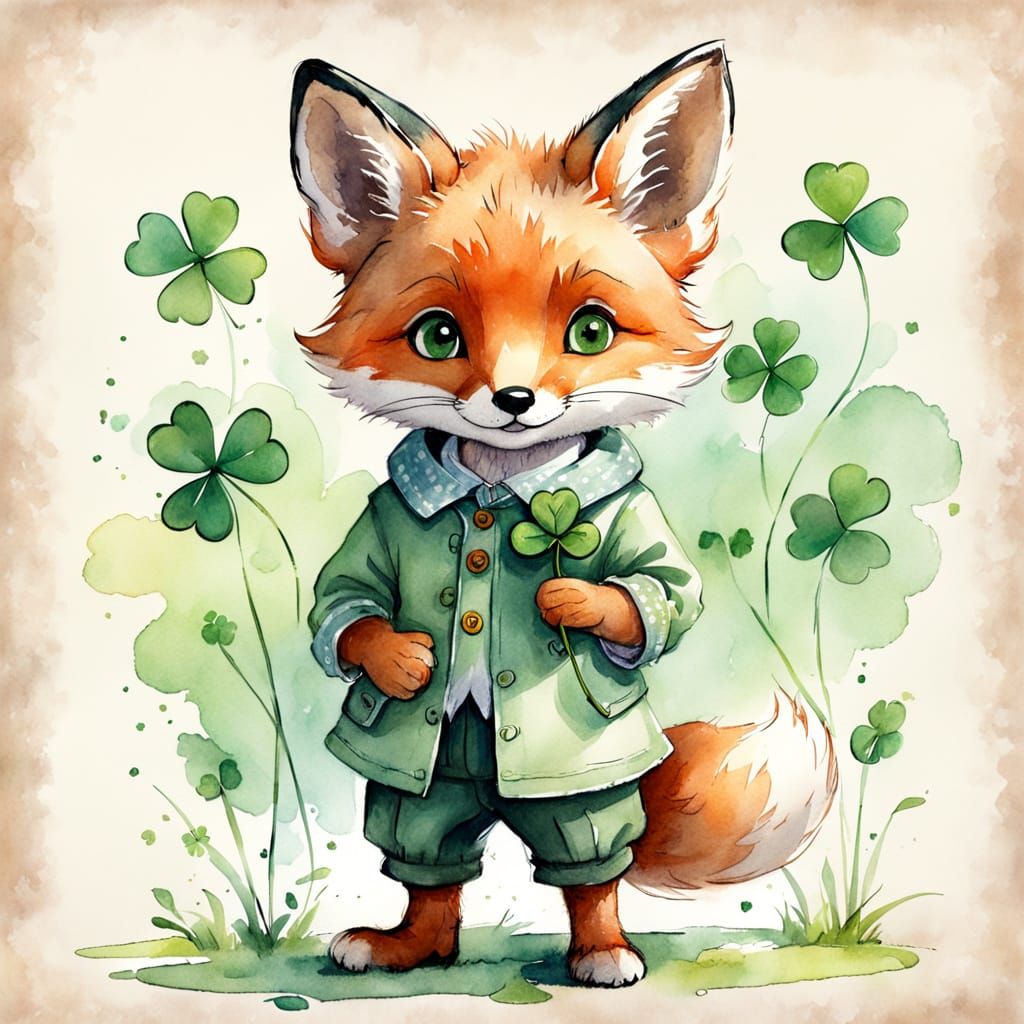 Adorable Fox Cub with Clover in Watercolor Style