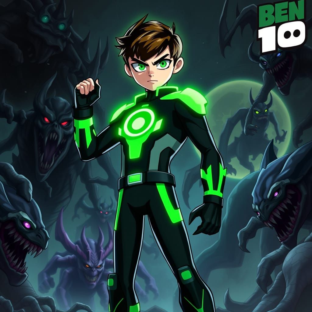 Heroic Ben 10 Conquers Dark Fantasy in Cyberpunk Anime Style