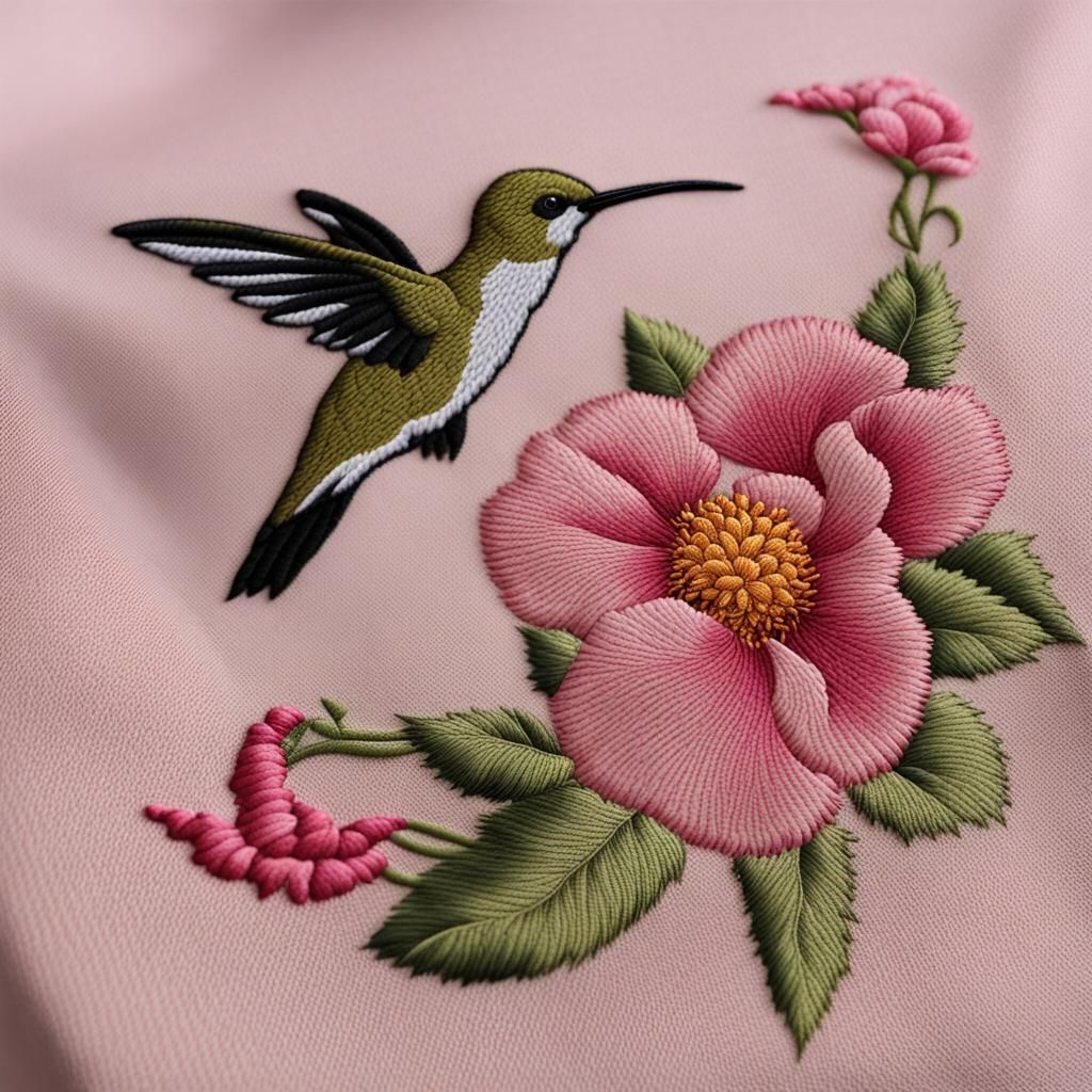 Embroidered Hummingbird and Pink Flower on Cloth