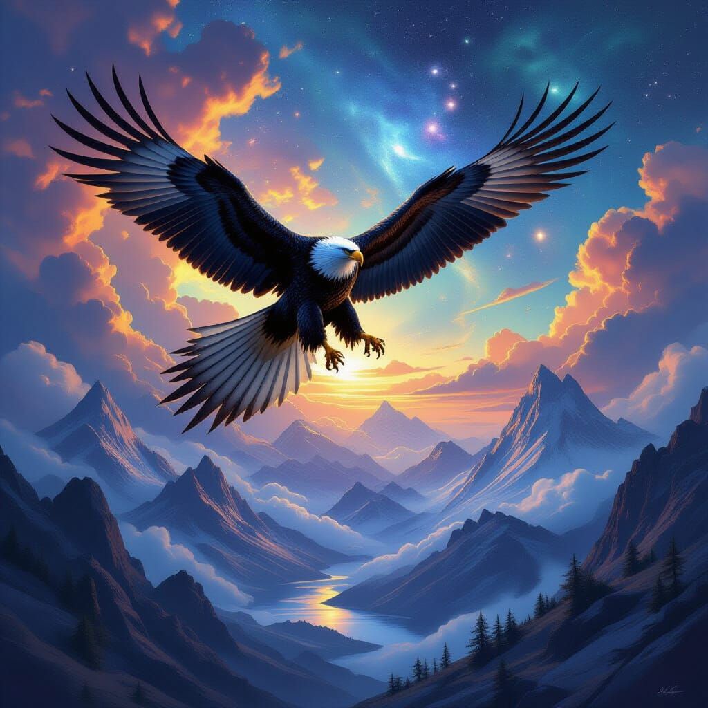 Majestic Obsidian Eagle Soars Through Cosmic Sky