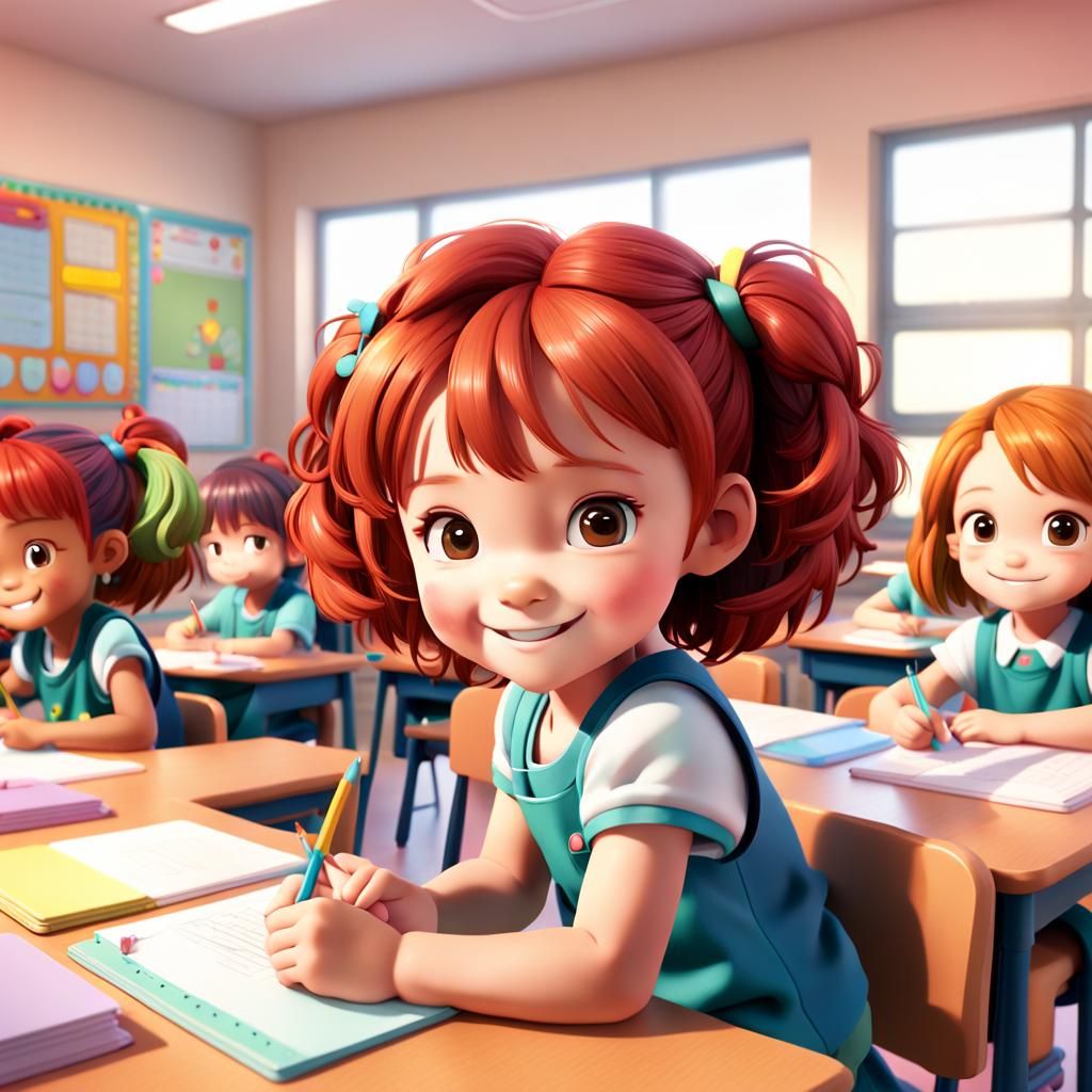 Anime Classroom Scene with Red-Haired Toddler