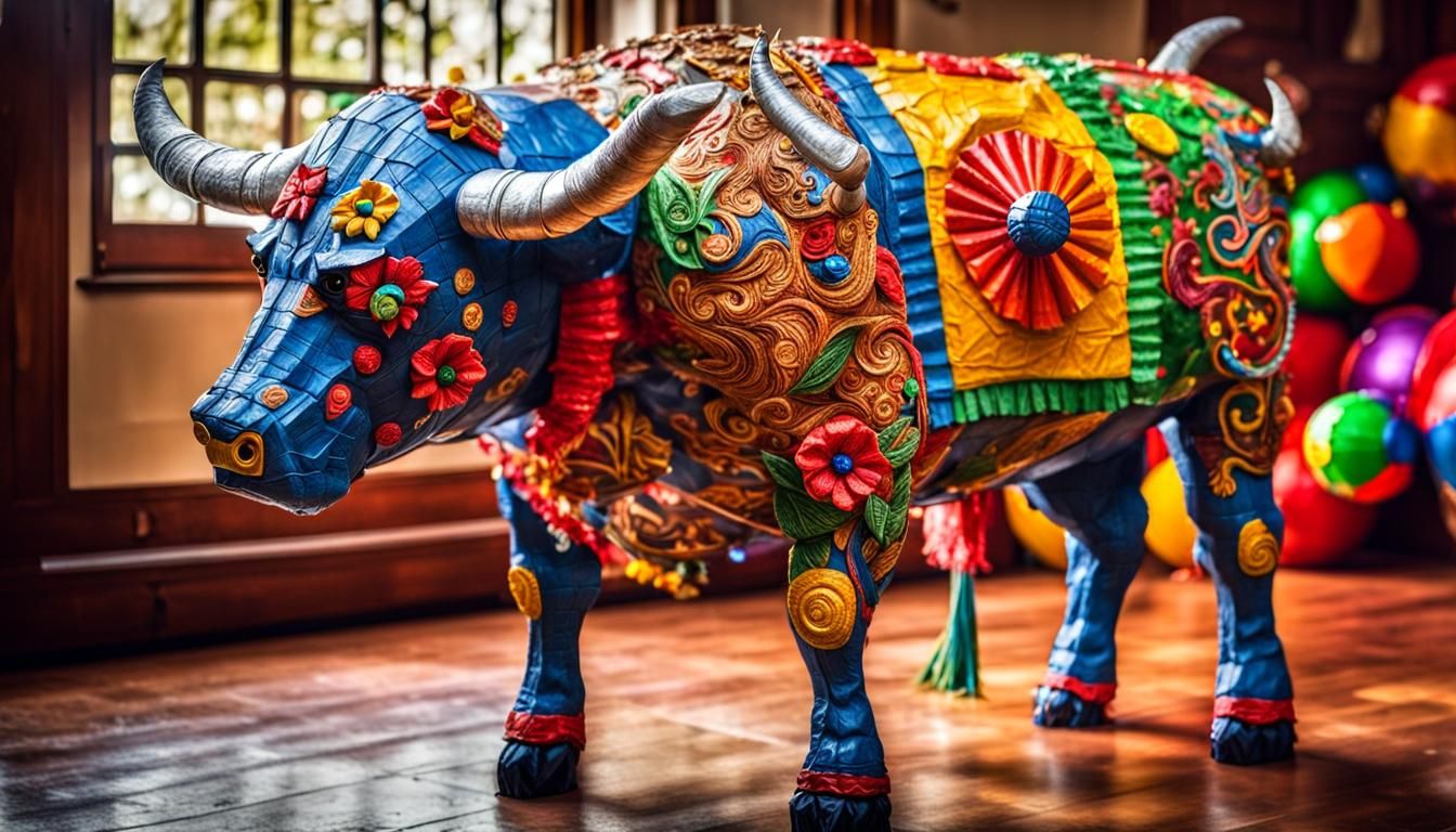 Hyperrealistic Paper Mache Piñata Bull With Toys