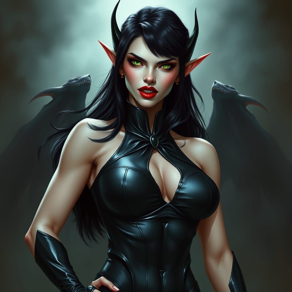 Gothic Vampire Elf in Black Latex Bodysuit